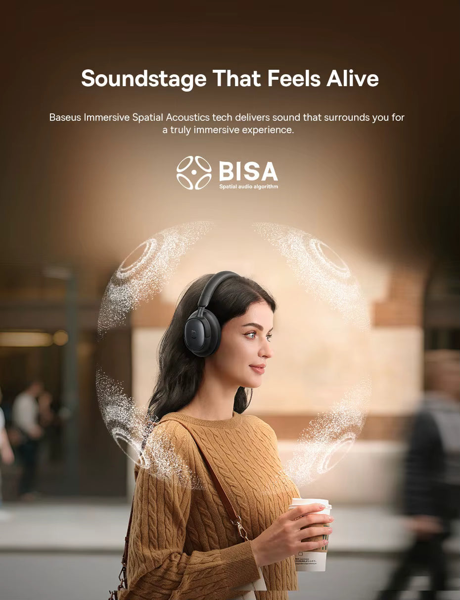 Woman wearing Baseus Bowie MH1 over‑ear headphones holding a coffee cup outdoors, surrounded by a glowing circular sound wave visual representing immersive spatial audio technology with the text “Soundstage That Feels Alive” and “BISA Spatial audio algorithm.”