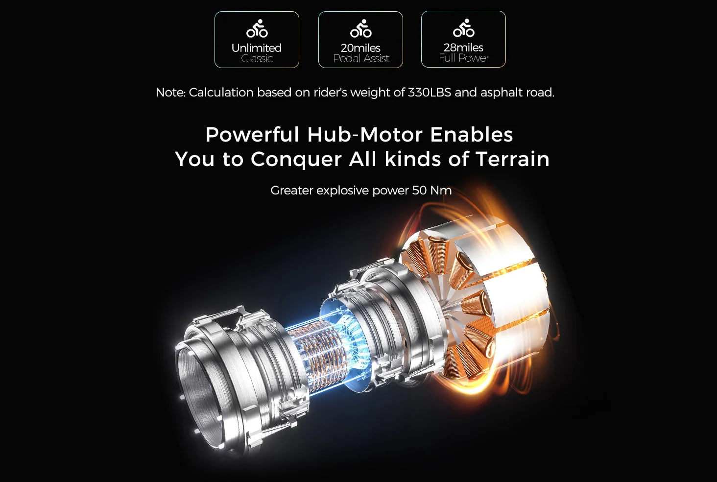 Close-up of an electric mountain bike hub motor with text highlighting its capabilities on a dark background