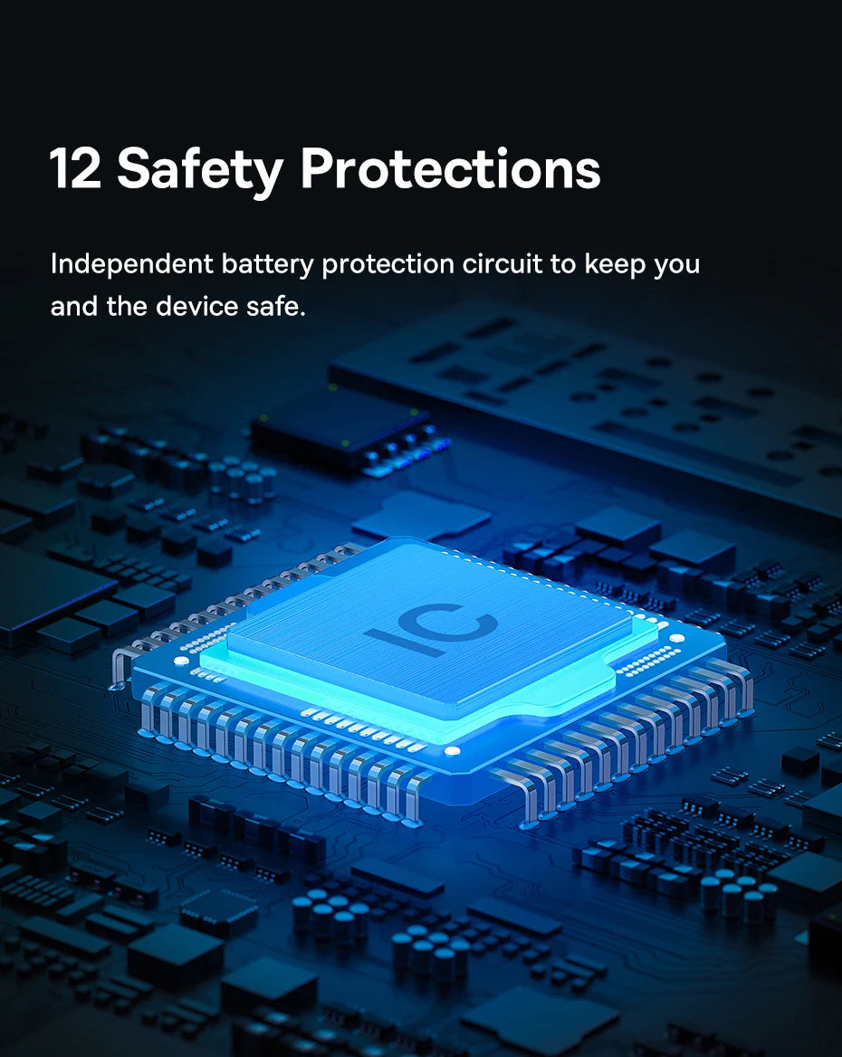 Electronic circuit board with a blue illuminated chip, highlighting safety protections.