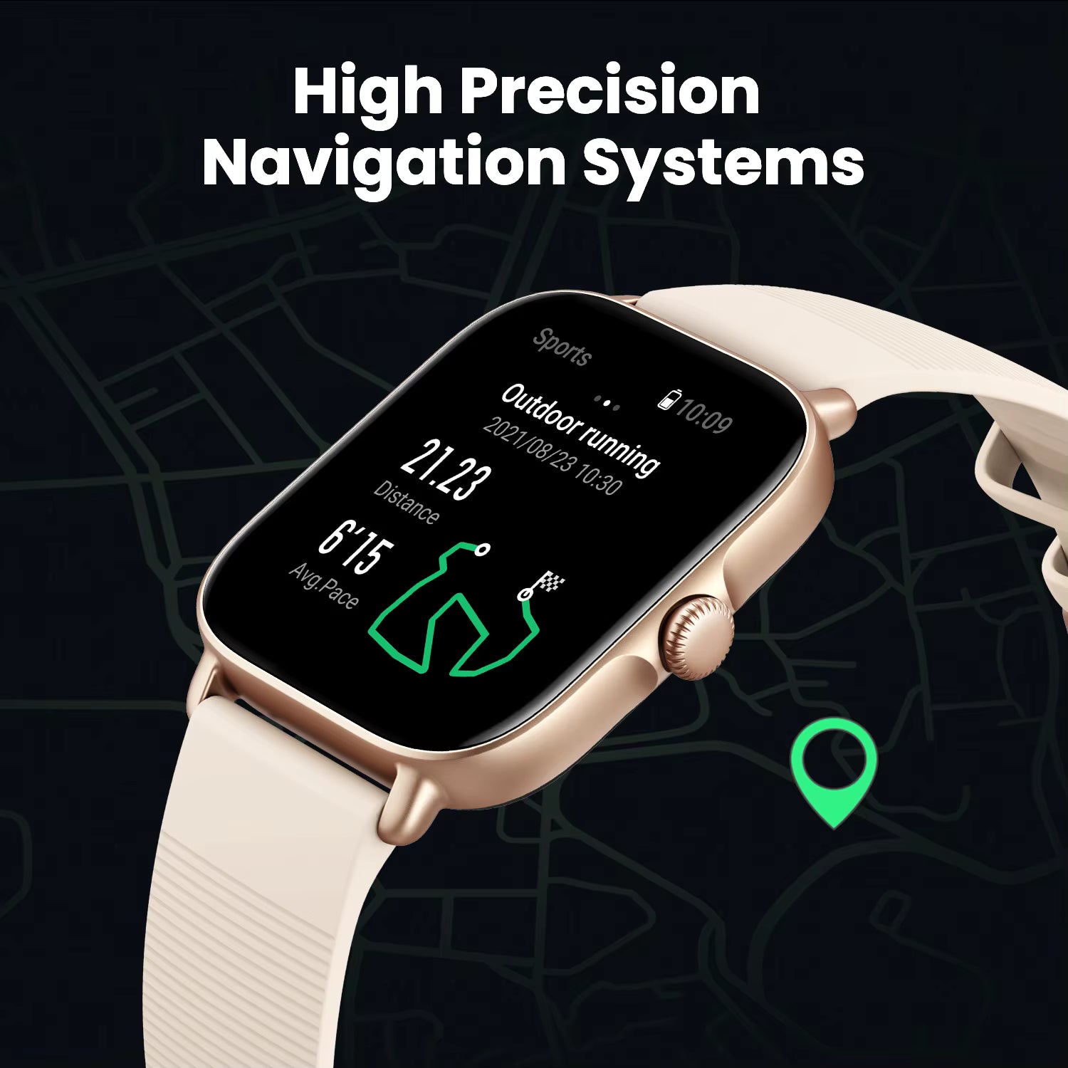 Smartwatch with a map background and 'High Precision Navigation Systems' text