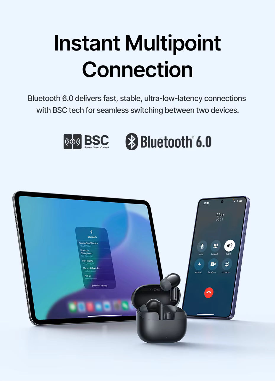 Bluetooth earbuds with tablet and phone on a white background, featuring Bluetooth 6.0 and BSC technology for the Baseus EP10 earbuds