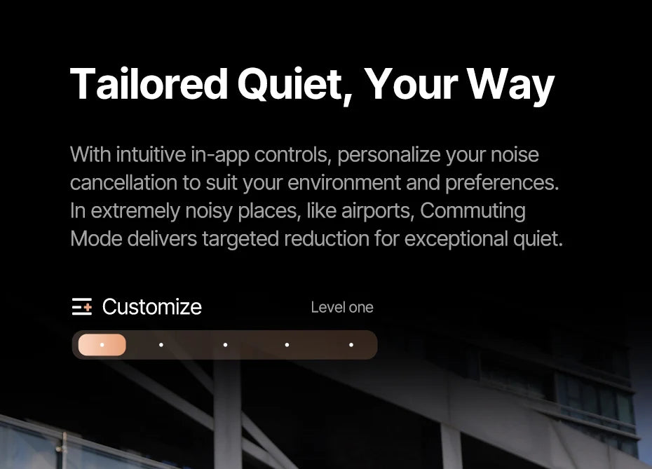 Text on a black background about noise cancellation technology with customizable settings for the Baseus Inspire XH1 headphones