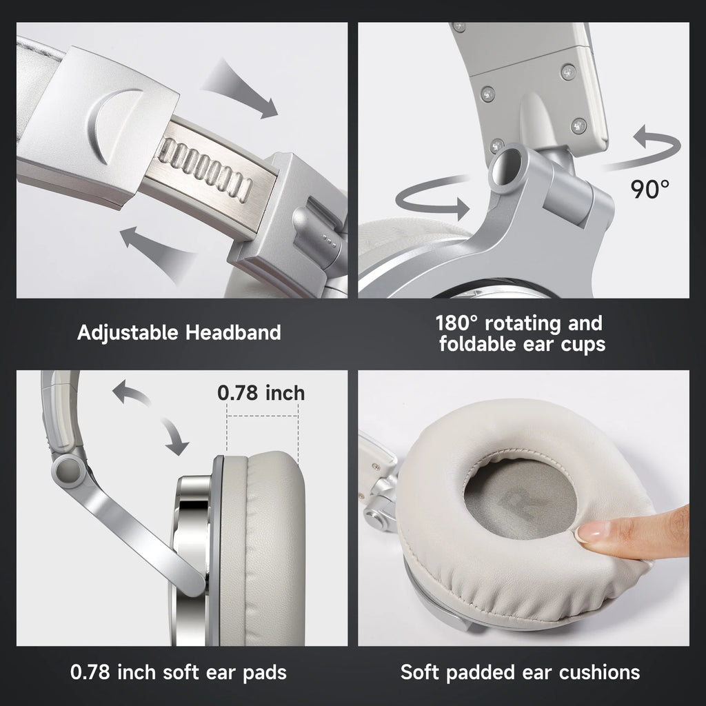 Collage of features of a pair of headphones including adjustable headband, rotating ear cups, soft ear pads, and padded ear cushions.