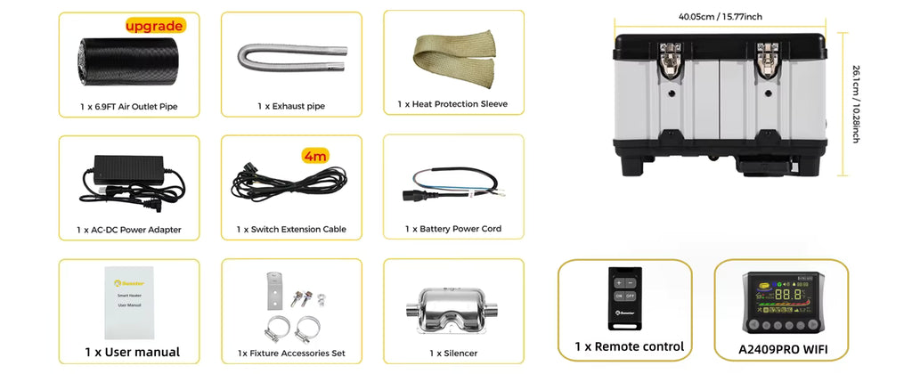 Sunster 8KW Portable Diesel Heater complete package contents and hardware kit display