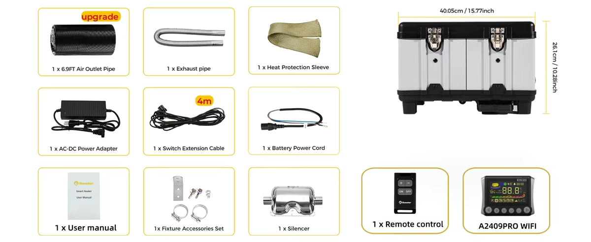 Sunster 8KW Portable Diesel Heater complete package contents and hardware kit display