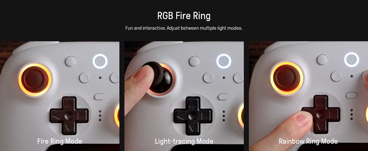 8BitDo product infographic demonstrating the RGB Fire Ring feature on a white controller, showcasing three lighting modes: Fire Ring Mode, Light-tracing Mode, and Rainbow Ring Mode.