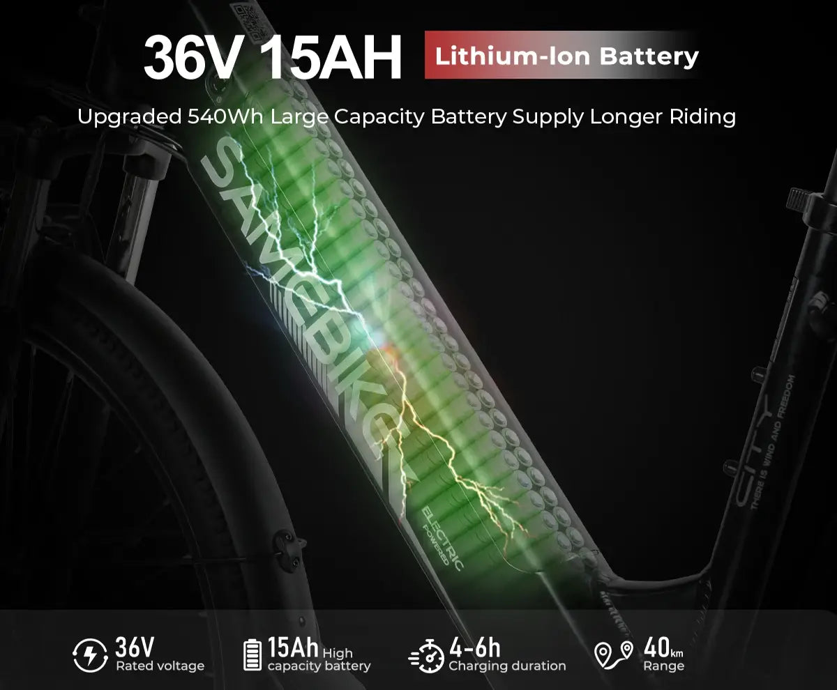SAMEBIKE RS‑A01 PRO‑T Electric Bicycle battery pack with specifications on a dark background
