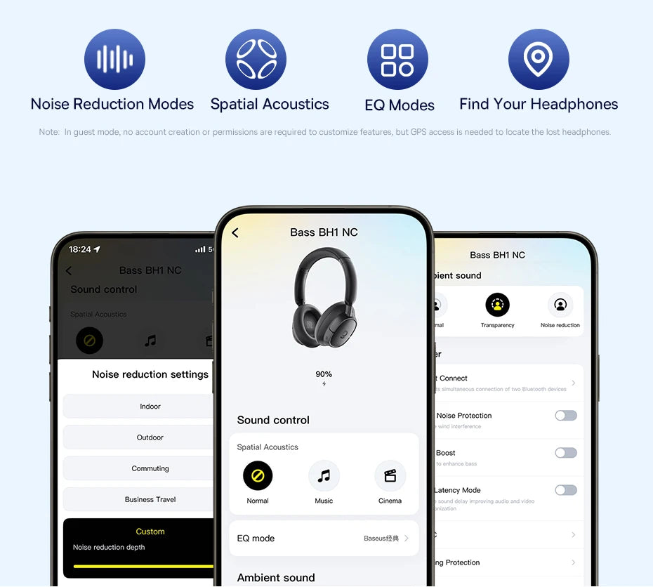 Smartphone displaying headphone settings app with various modes on a light gray background