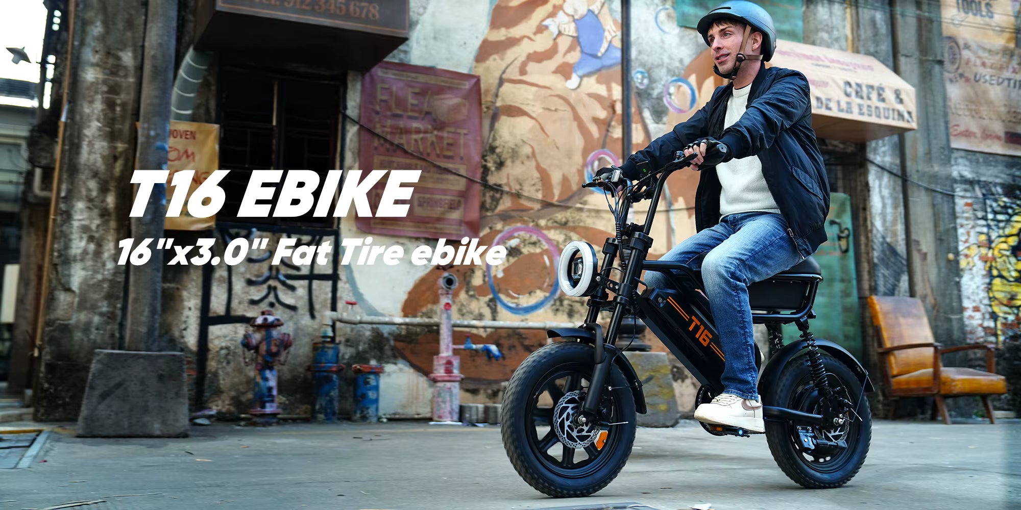 Man riding an electric bike with 'T16 EBIKE' text and product details.