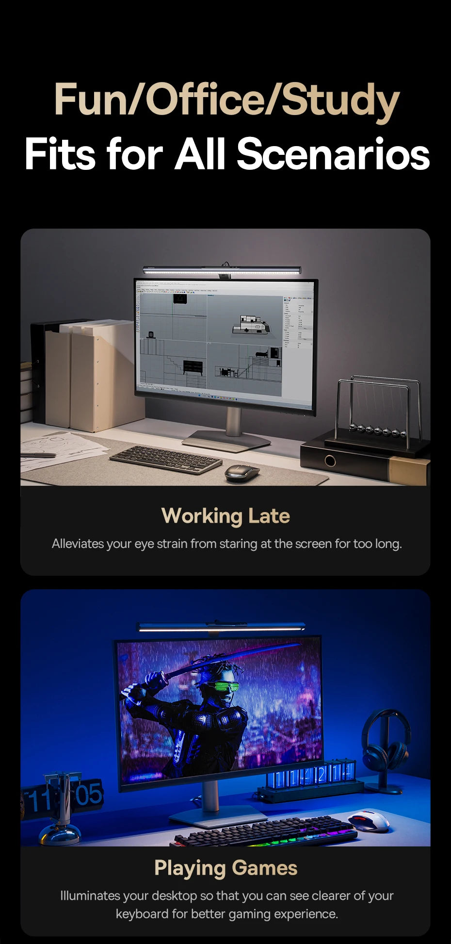 Computer monitor with screen filter lighting for working late and gaming in different lighting conditions.