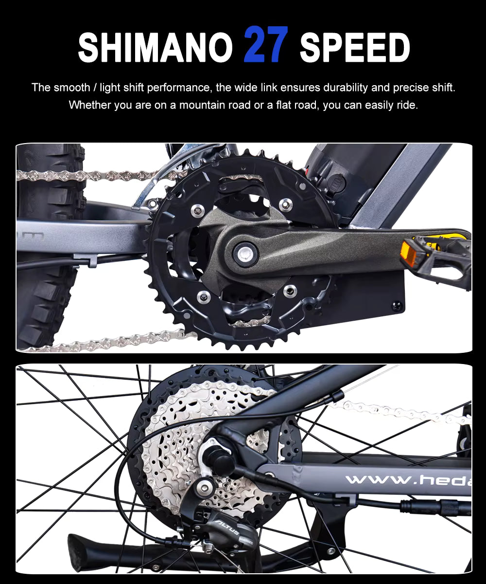 Close-up of HedaTX TX19 Shimano 27 speed electric bicycle gear system with text on durability and performance.