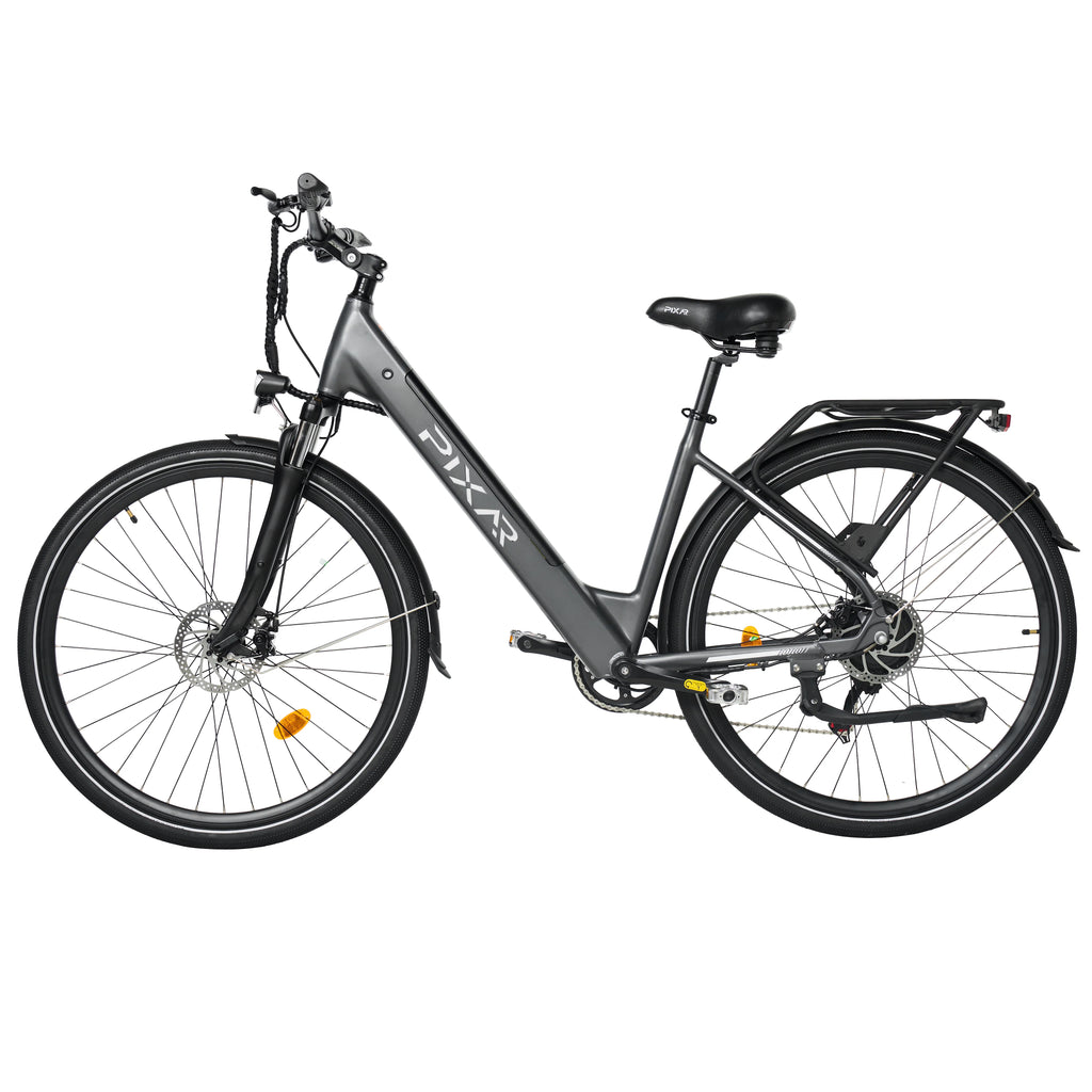Side view of a Grey PIXAR C1 Electric City E-Bike electric bicycle on a white background