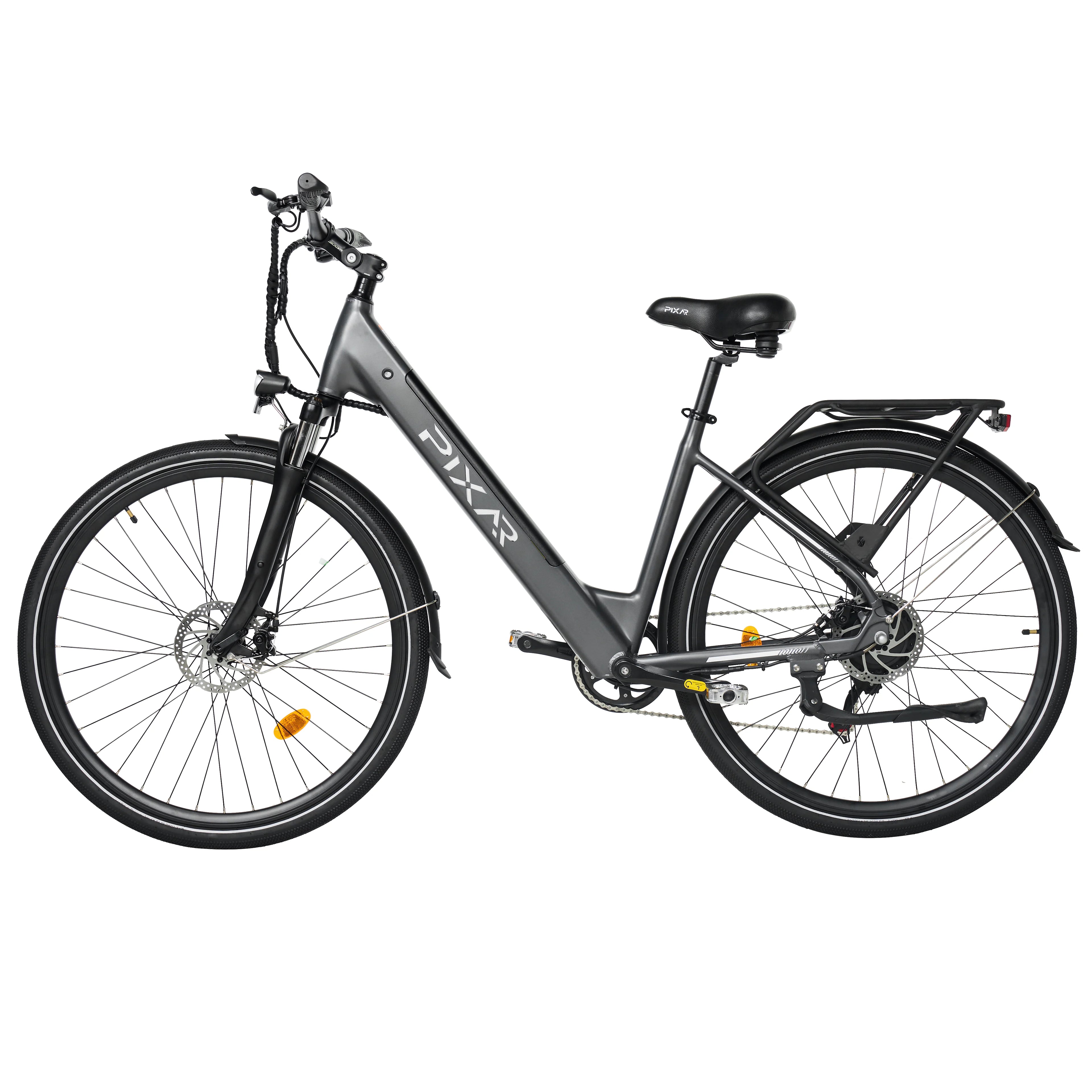 Side view of a Grey PIXAR C1 Electric City E-Bike electric bicycle on a white background