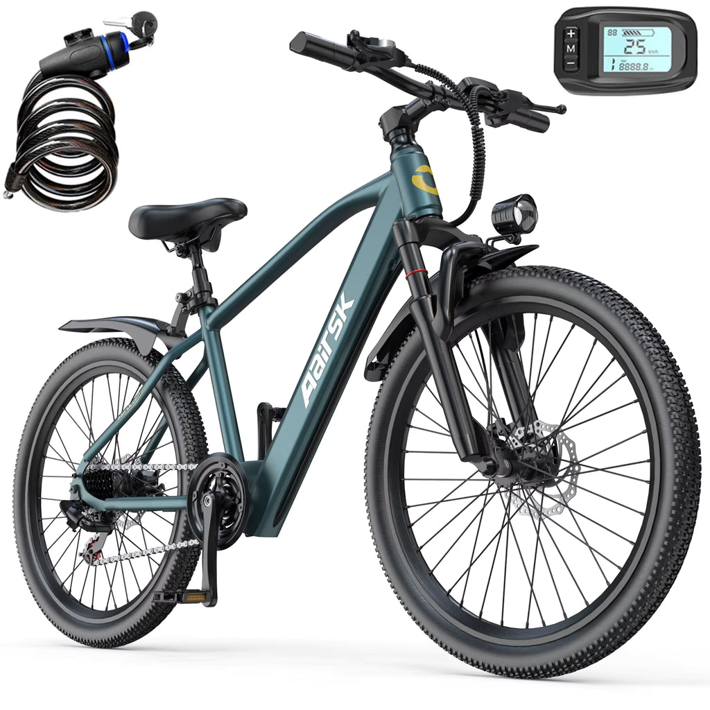 Blue electric bike with accessories on a white background