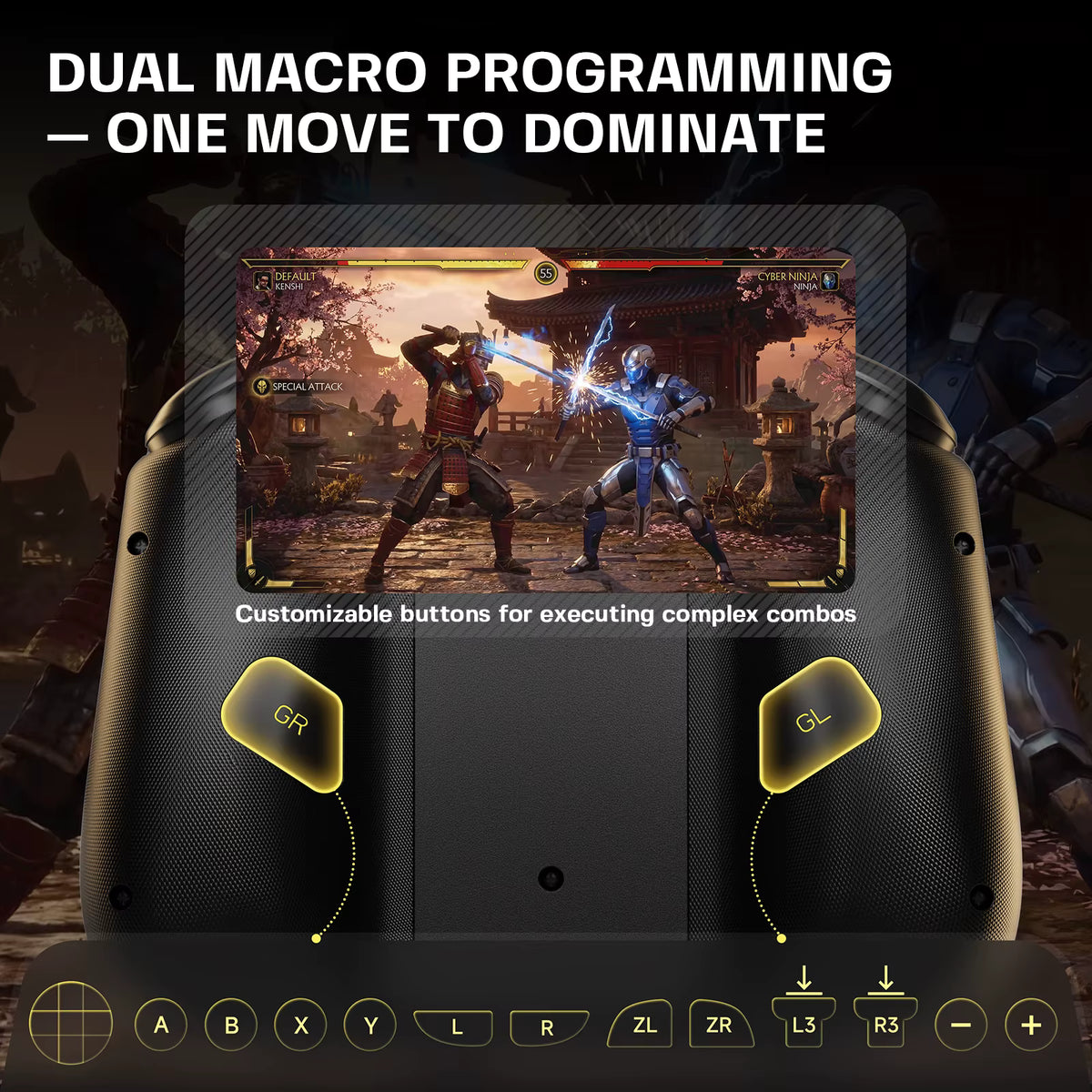 Game controller with screen displaying a combat scene, text 'Dual Macro Programming - One Move to Dominate', and customizable buttons.