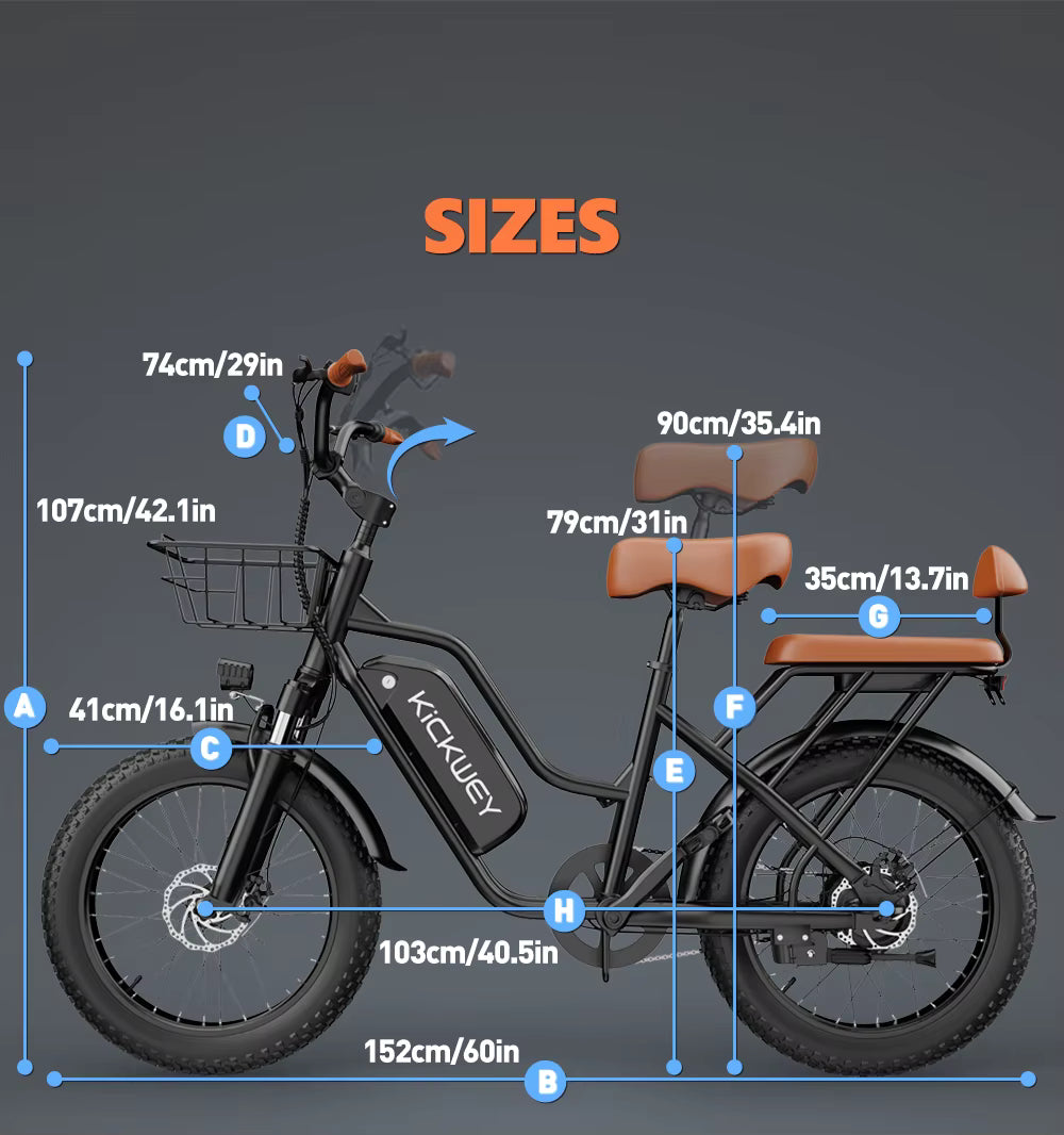 Electric bike with size measurements labeled on a dark background