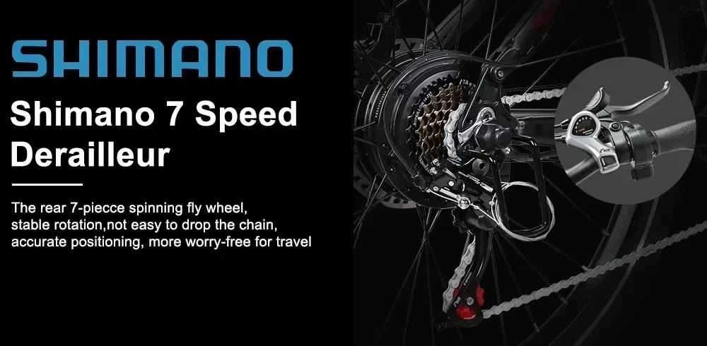 Samebike XD26-II electric bicycle Shimano 7-speed derailleur with detailed view on a black background