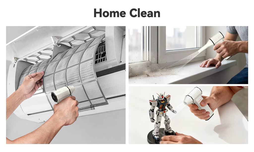WOLFBOX DF50 cleaning air conditioner filters, window sills, and action figures for home dust removal
