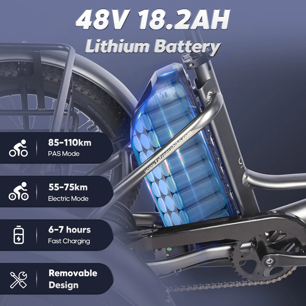 Electric bike battery pack with specifications on a dark background