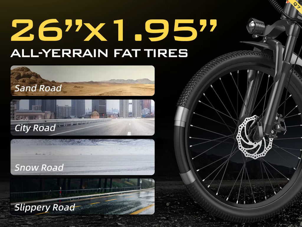 Aairsk Q7 Electric Bicycle with 26"x1.95" all-terrain fat tires on a dark background with road conditions shown.