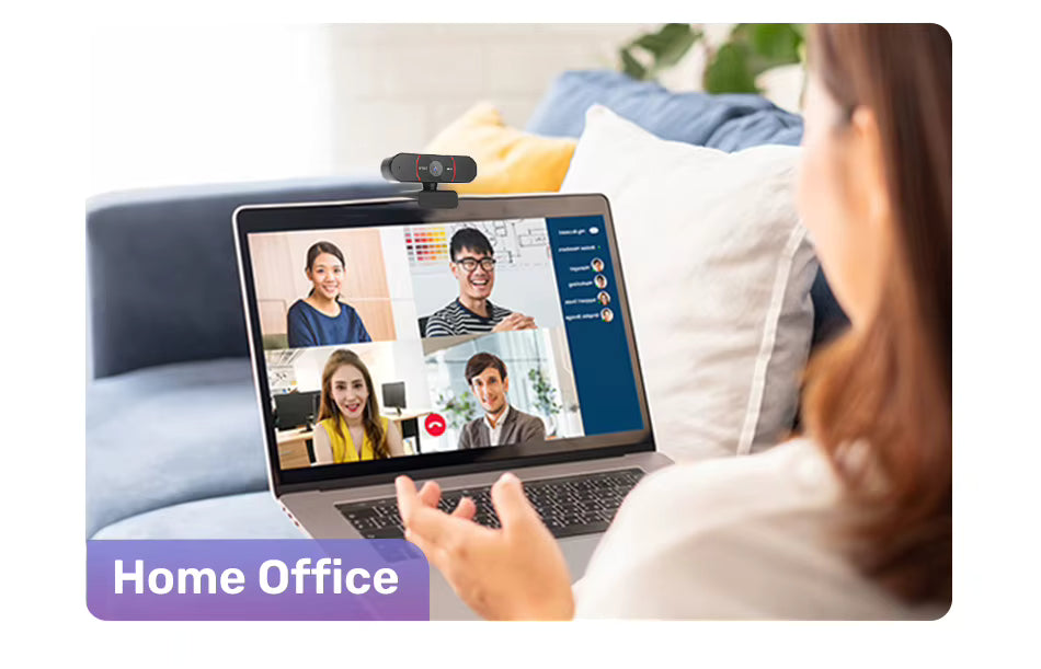 EMEET 4K USB webcam home office application showing professional remote video conference call on laptop screen