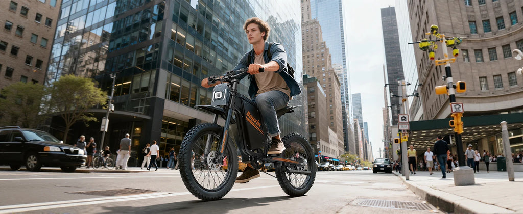 Person riding an electric bike on a city street with tall buildings in the background