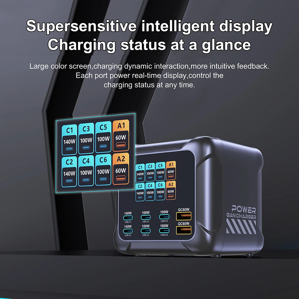 Power bank charger with digital display on a dark background