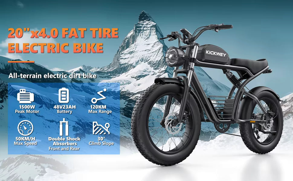Kickwey Electric bike with mountainous background and feature details on a blue banner