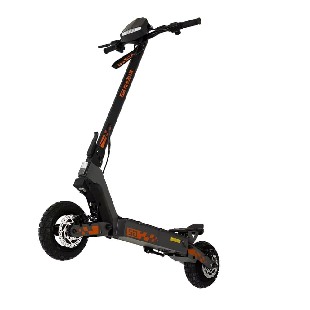 Black electric scooter with orange branding on a white background
