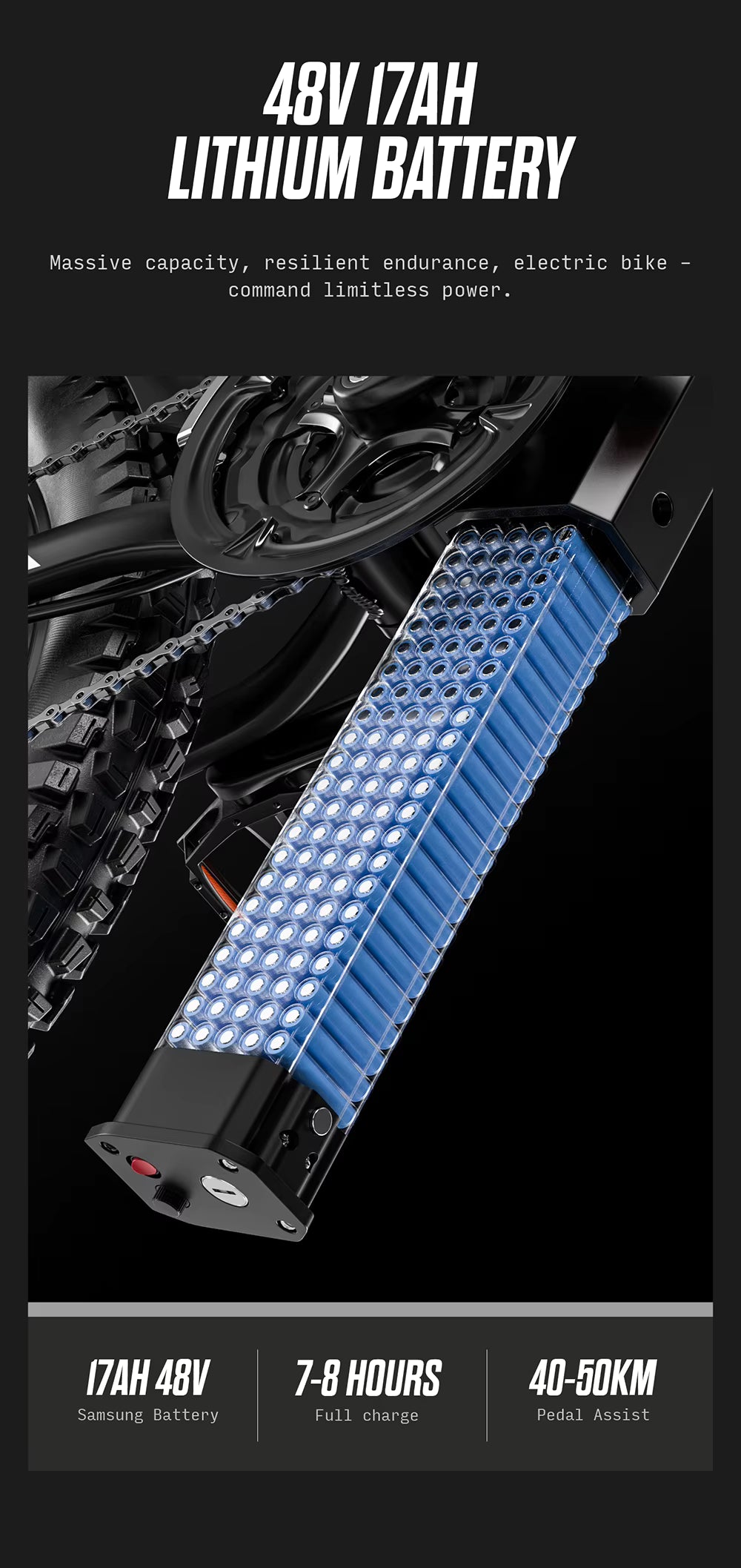48V 17Ah lithium battery pack for electric bikes with specifications on a black background.