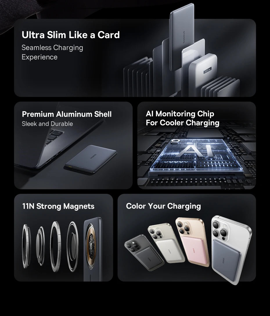 Product features including ultra-slim design, premium aluminum shell, AI monitoring chip, strong magnets, and color options on a black background.