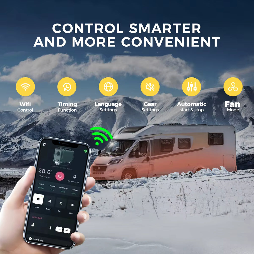 User operating Sunster 8KW Diesel Air Heater via smartphone app control in winter landscape