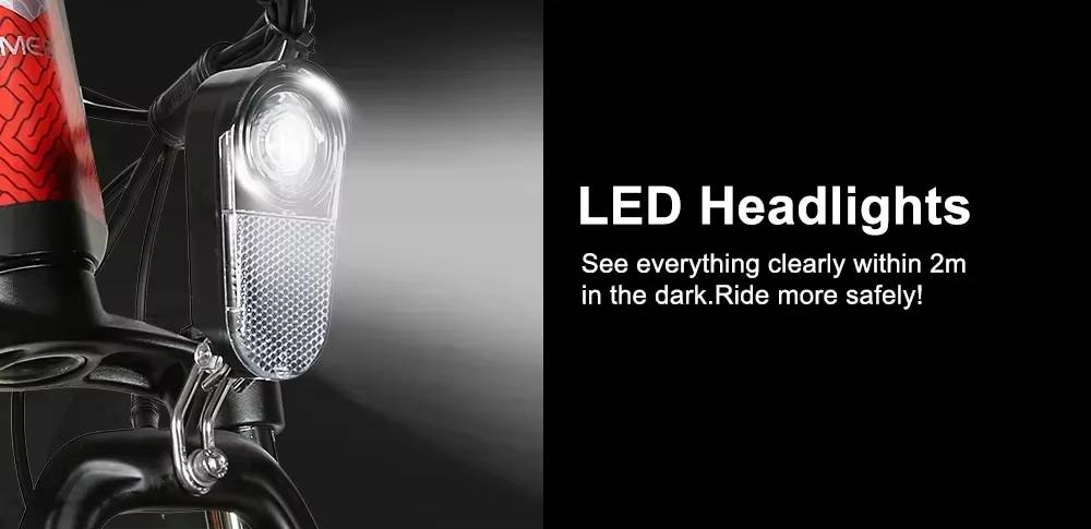 Samebike XD26-II electric bicycle headlight with text highlighting LED headlights' visibility range.
