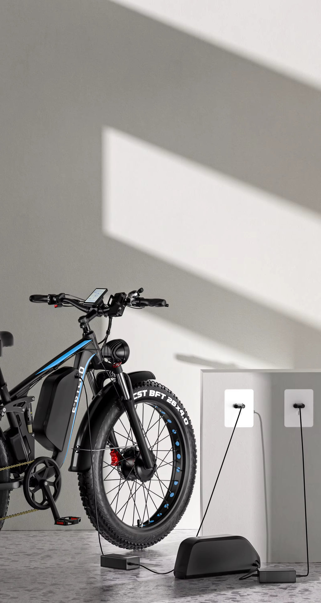 E‑BYCCO EB7Pro Electric bike on display in a modern indoor setting with light gray walls.
