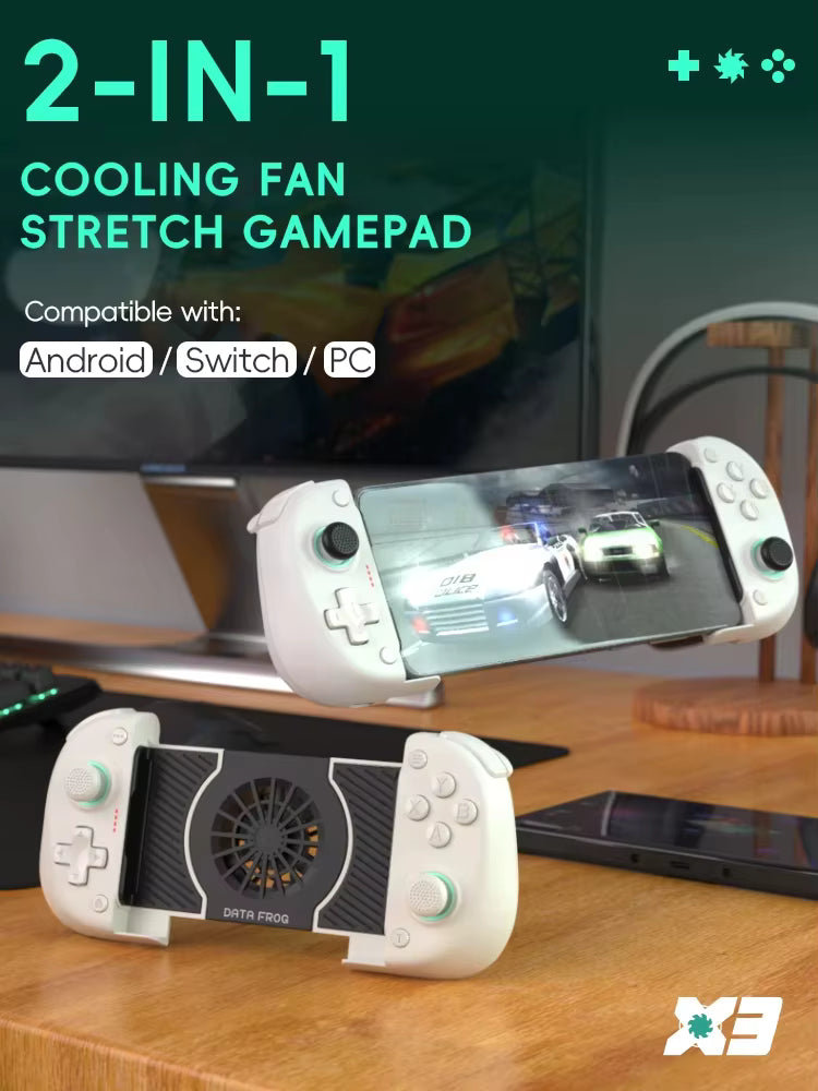 Data Frog X3 cooling fan stretch gamepad shown with phone display and built‑in cooling fan, compatible with Android, Switch and PC.