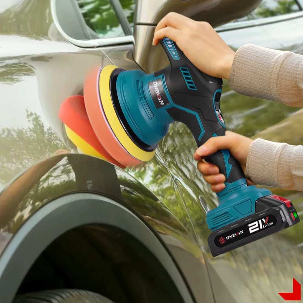 ONEVAN cordless polisher in action across car polishing and wood grinding applications