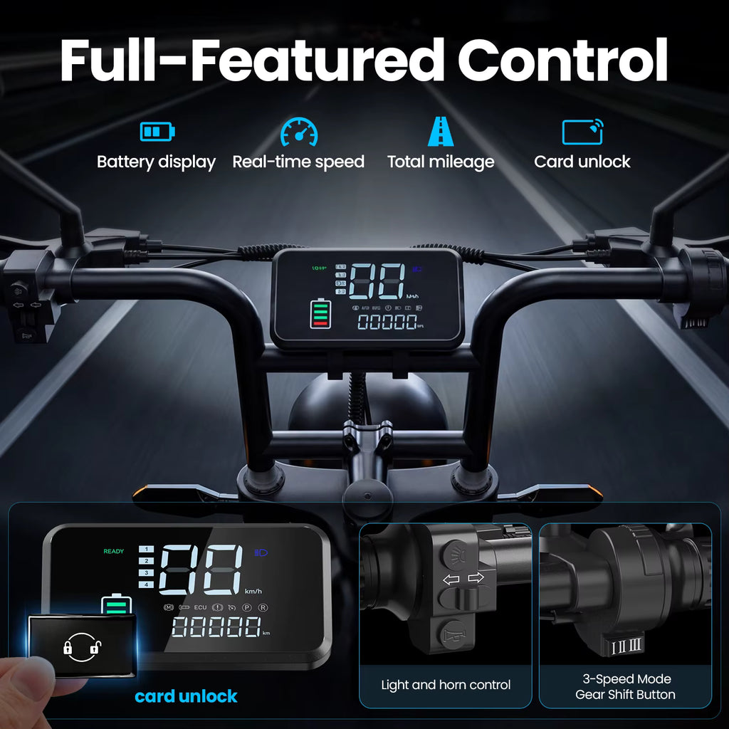 Digital display on an electric bicycle handlebar with various functions highlighted.