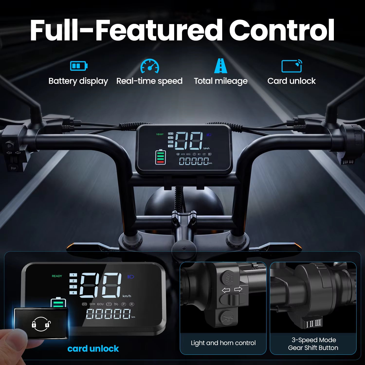 Digital display on an electric bicycle handlebar with various functions highlighted.