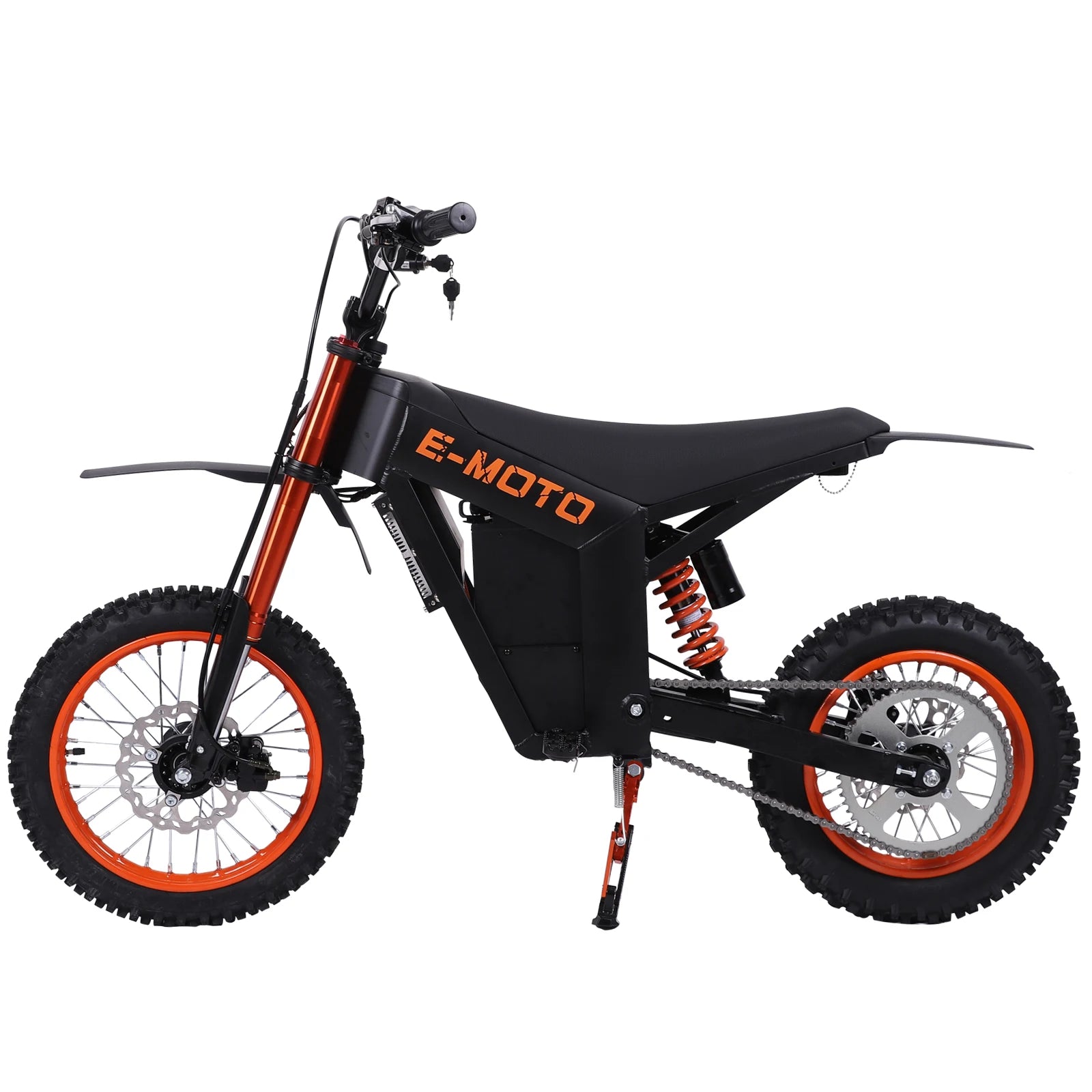 Black and orange electric mountain bike with 'E-Moto' branding on a white background