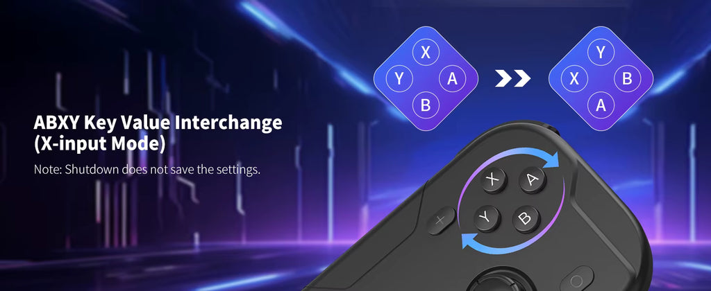 ACEGAMER Pocket Controller showing ABXY key value interchange in X‑input mode. Purple and blue interface graphics illustrate button remapping from X‑Y‑A‑B to Y‑X‑B‑A layout, with note indicating settings reset after shutdown.