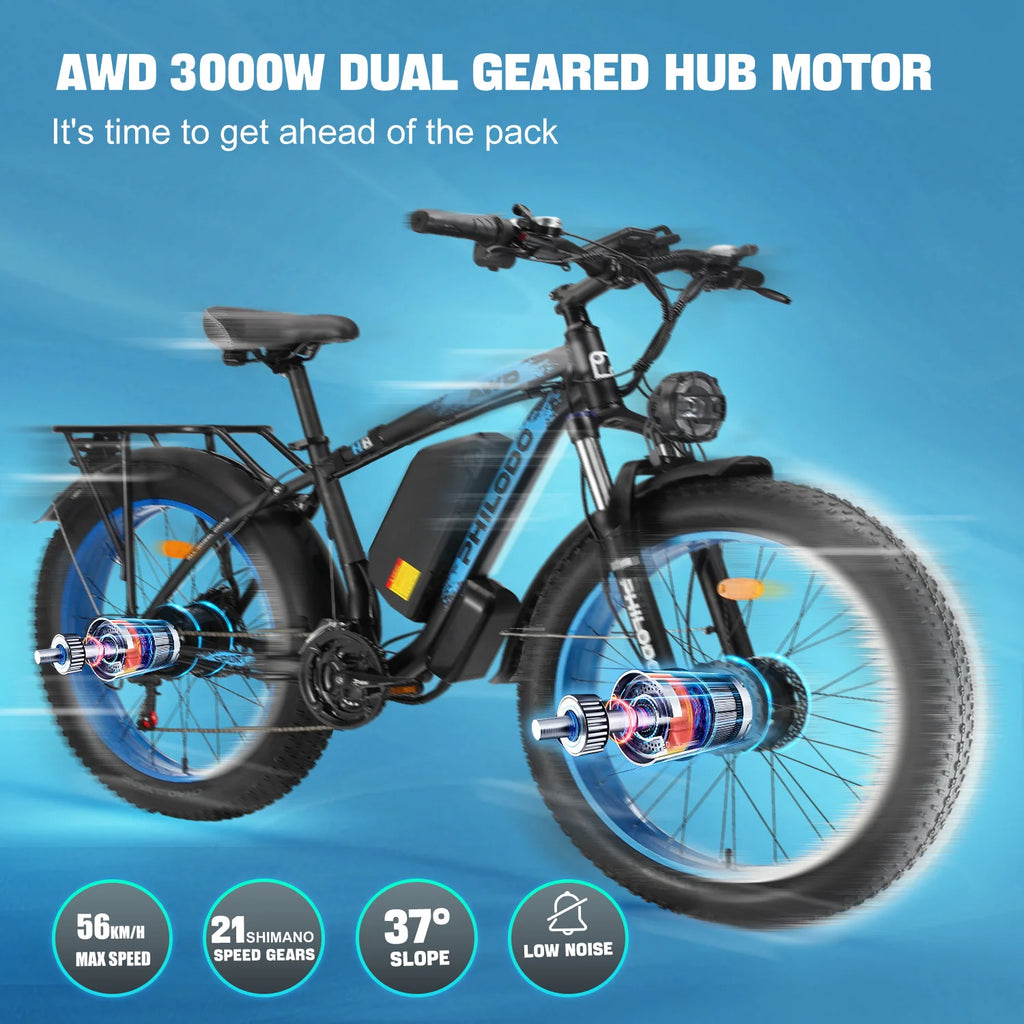 Electric bike with AWD 3000W dual geared hub motor on a blue background