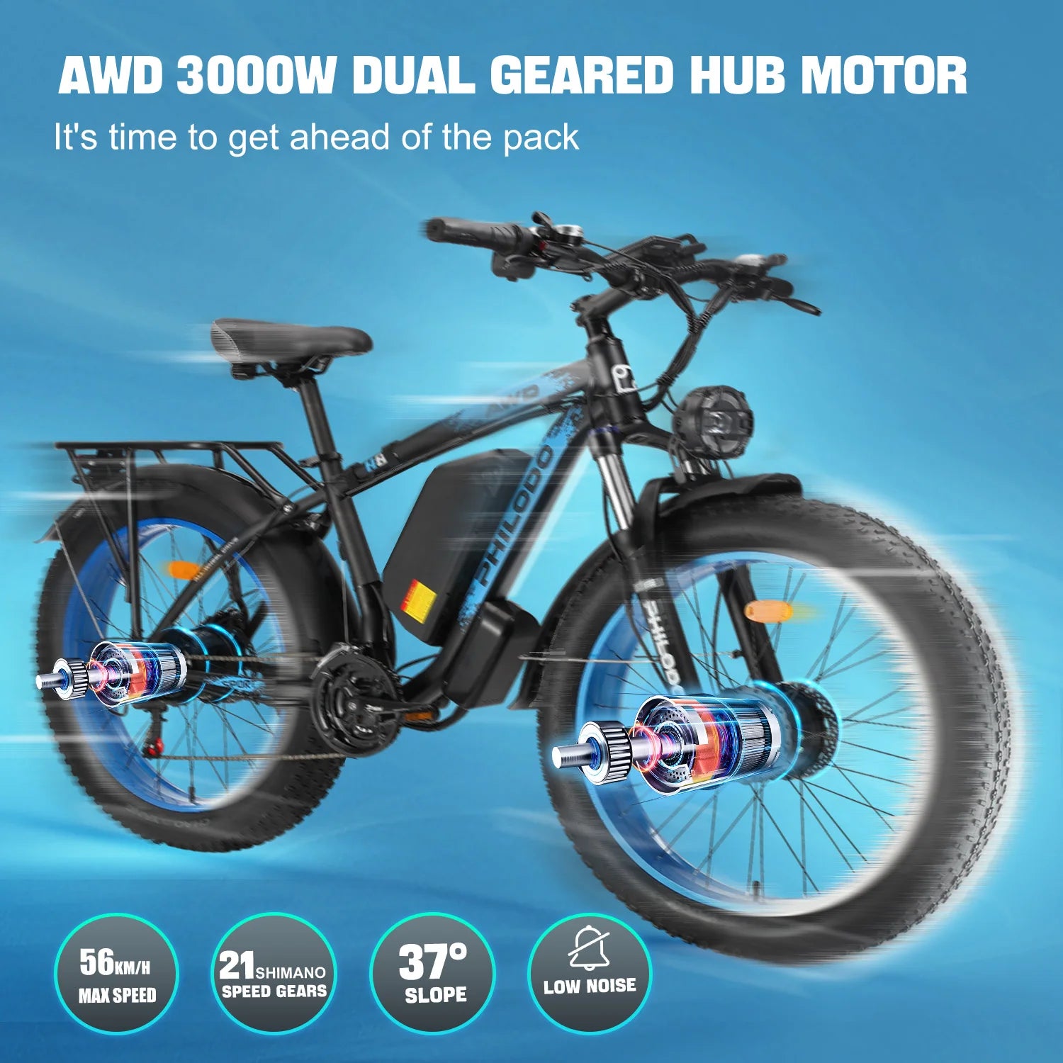 Electric bike with AWD 3000W dual geared hub motor on a blue background