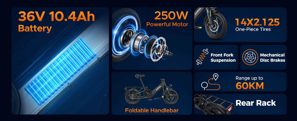 Product features of an electric bike including battery capacity, motor power, tire size, suspension system, and range.