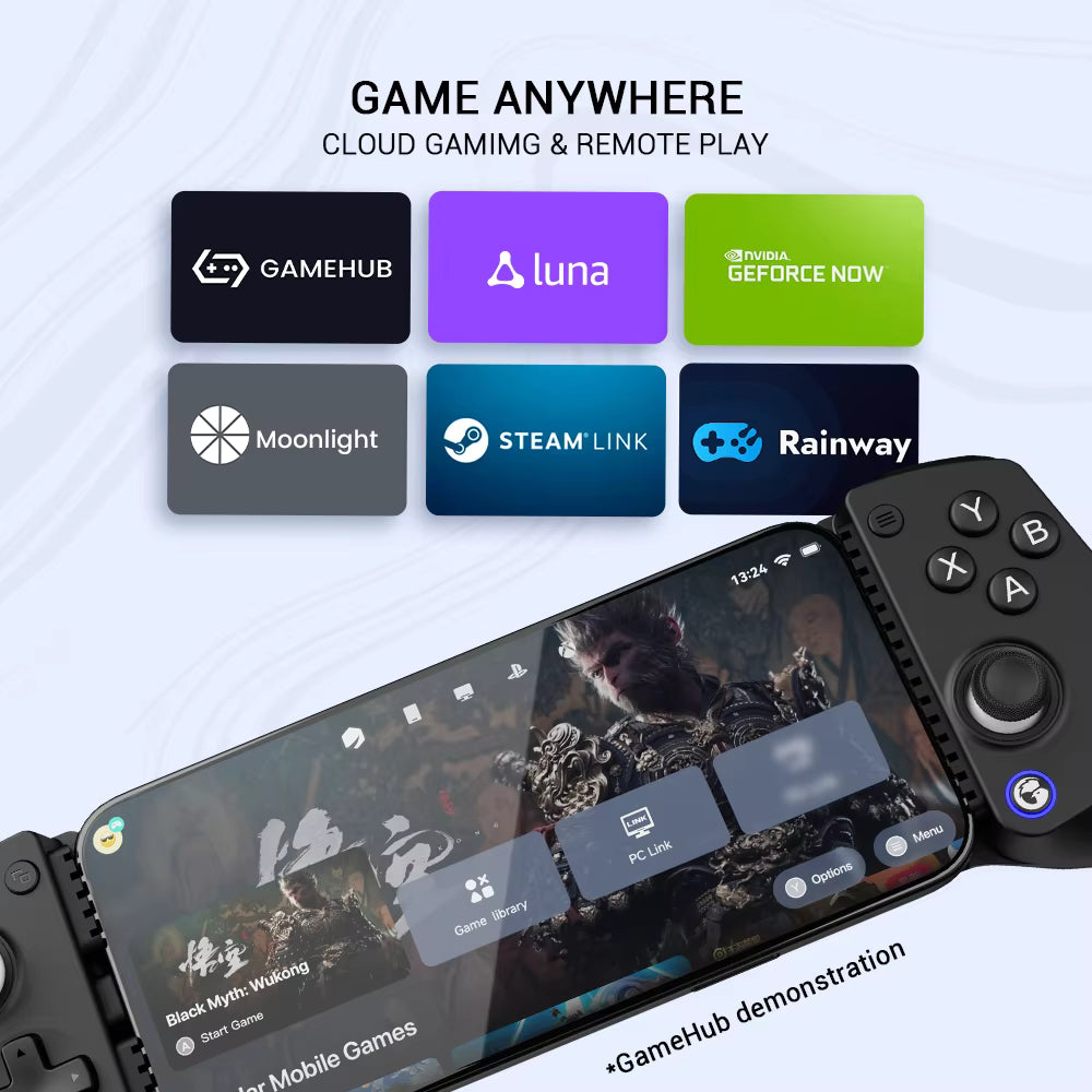 Smartphone with gaming apps displayed on screen, featuring GameHub, Luna, GeForce Now, Moonlight, Steam Link, and Rainway logos.