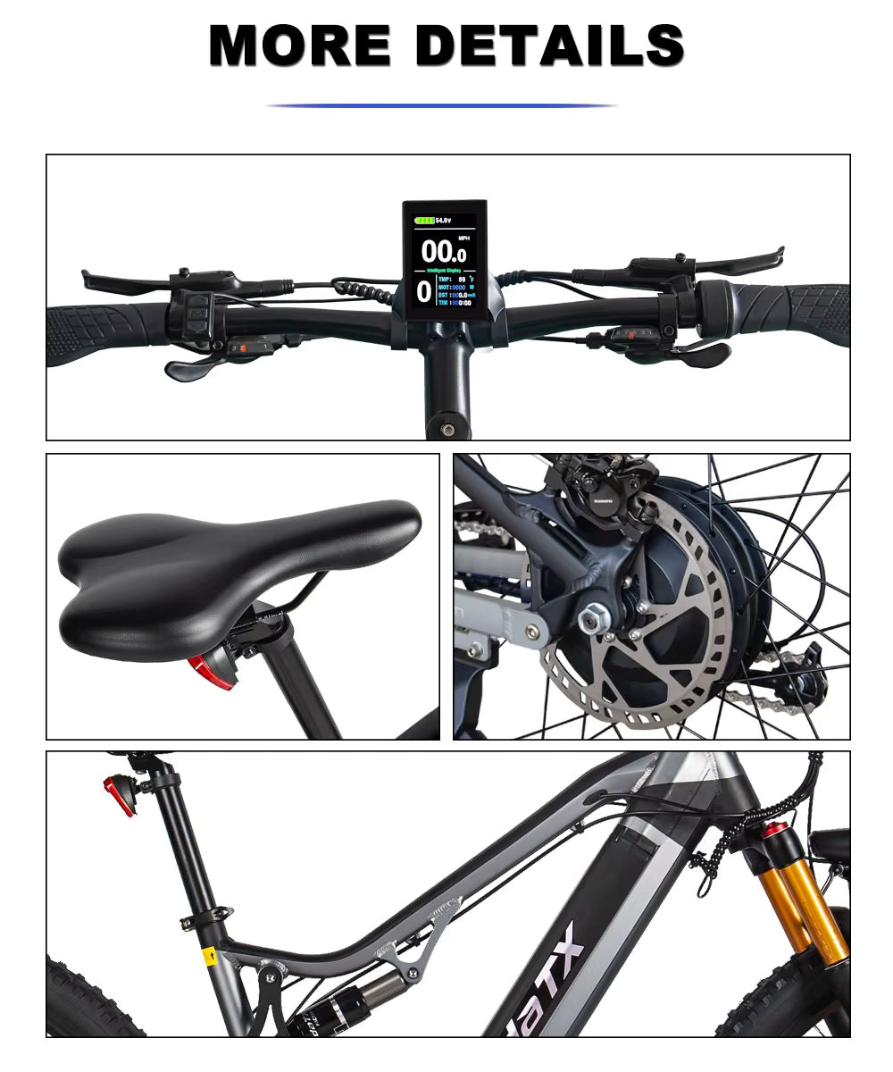 Collage of HedaTX TX19 electric bike components including handlebars, seat, wheel, and frame with brand 'ATX' visible.