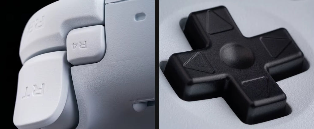 8BitDo product infographic split into two close-up panels of a white controller: the left panel shows the textured RT trigger and R4 bumper buttons, while the right panel highlights the black directional D-pad with embossed triangular arrow symbols.