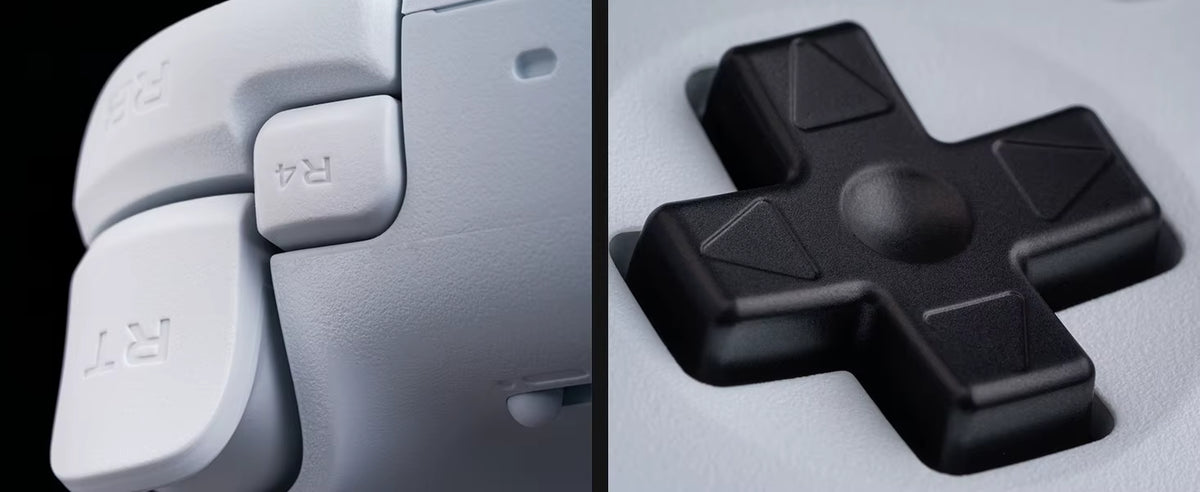 8BitDo product infographic split into two close-up panels of a white controller: the left panel shows the textured RT trigger and R4 bumper buttons, while the right panel highlights the black directional D-pad with embossed triangular arrow symbols.