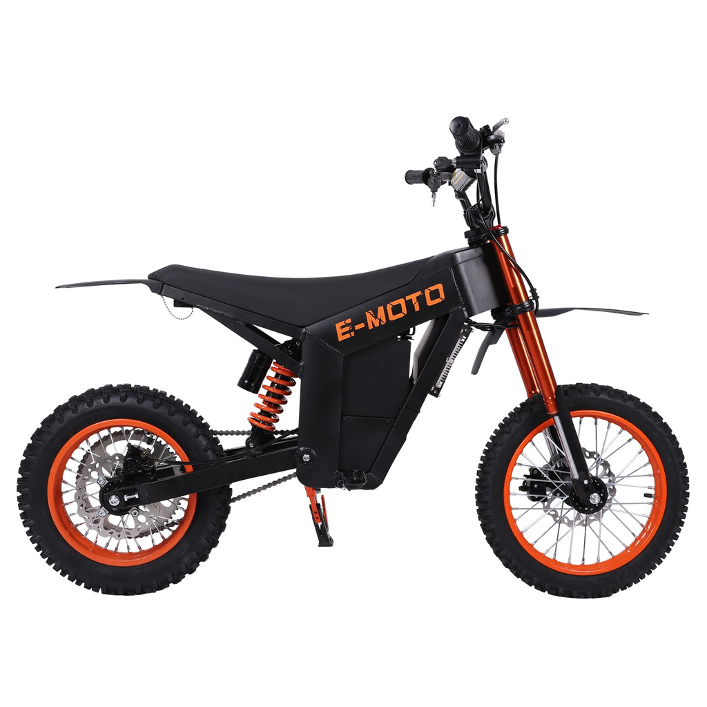 Black and orange electric mountain bike with 'E-Moto' branding on a white background