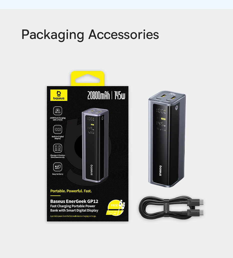 Power bank with packaging and cable on a white background