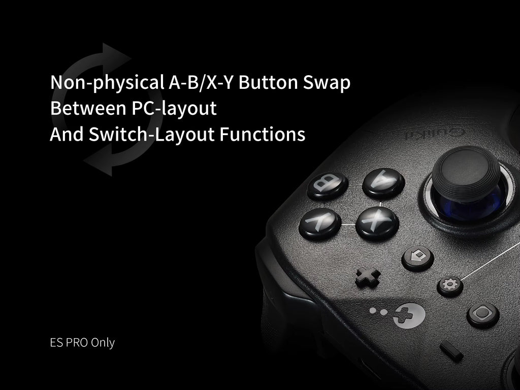 GuliKit ES Pro Controller close‑up highlighting ABXY buttons and joystick with blue accent lighting. Text reads “Non‑physical A‑B/X‑Y Button Swap Between PC‑layout and Switch‑layout Functions – ES Pro Only,” showcasing seamless digital button mapping for cross‑platform gaming.
